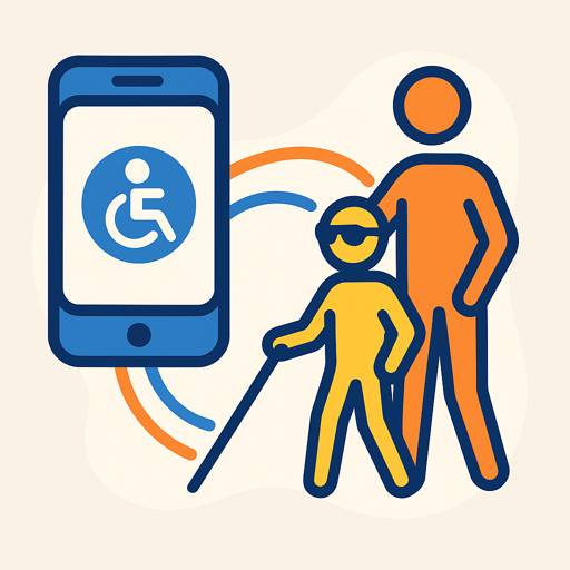Ilustrație abstractă a aplicației SeeYou: un smartphone cu simbol de accesibilitate și o persoană nevăzătoare ghidată de o persoană văzătoare